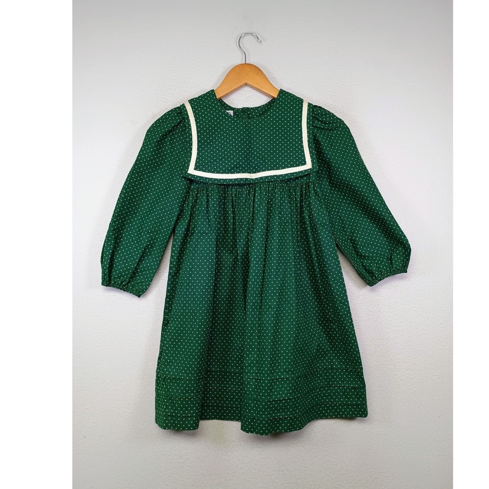 Vintage Cottagecore Cary San Francisco Girls 6X Green Polka Dot Sailor Dress
